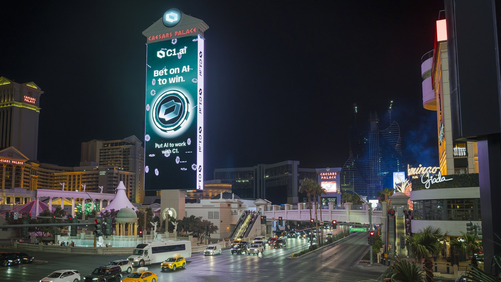 C1's Bet on AI to win campaign on the large Caesars Palace digital spectacular beside the Las Vegas Strip