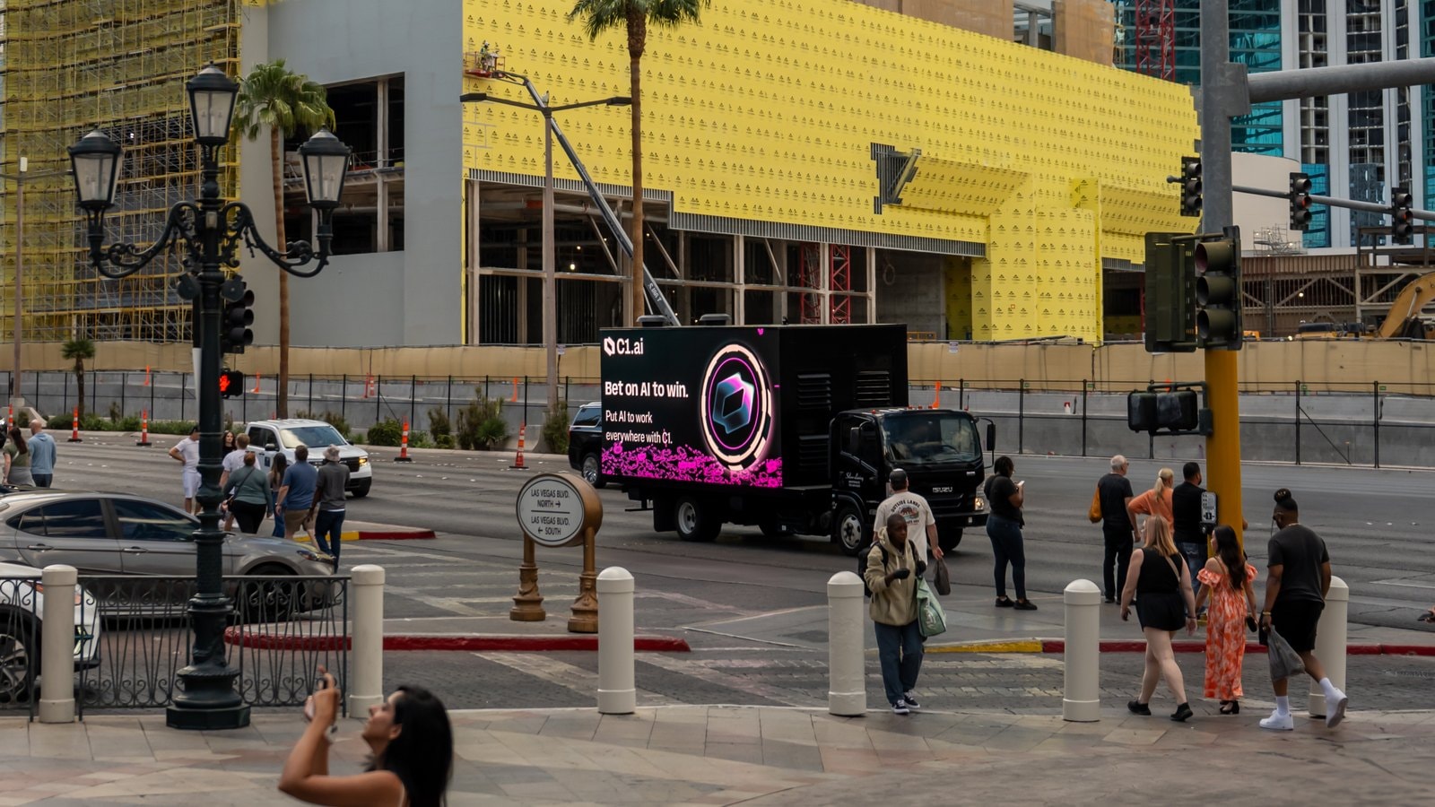 LED mobile billboard truck displaying C1's Bet on AI to win creative on Las Vegas Boulevard