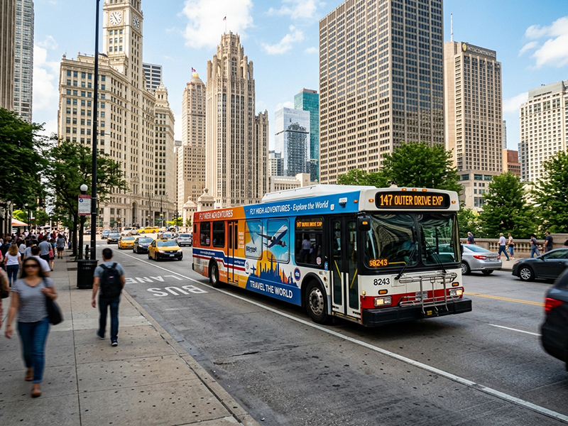 CTA city bus with advertising wrap on Michigan Avenue, Chicago