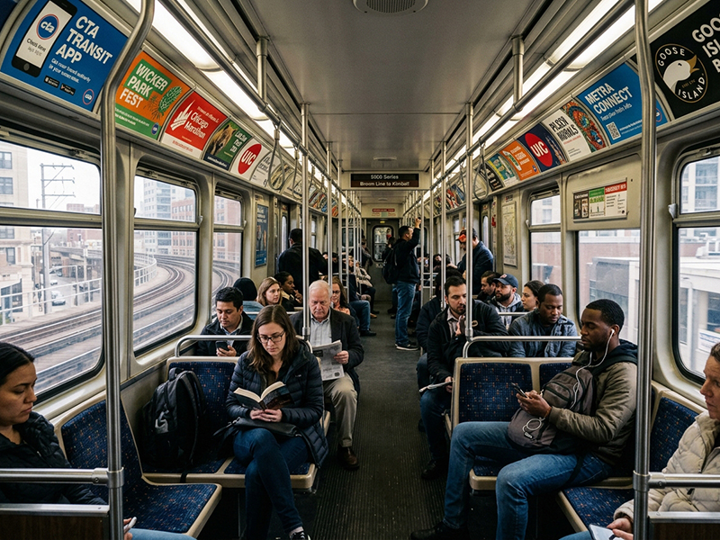 CTA L train interior with advertising cards, Chicago
