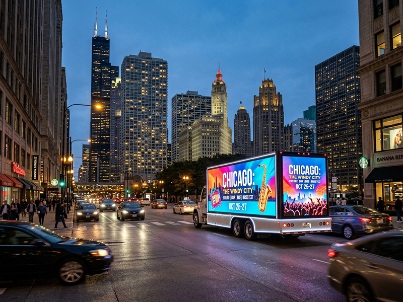 Digital LED mobile billboard truck on Chicago downtown street