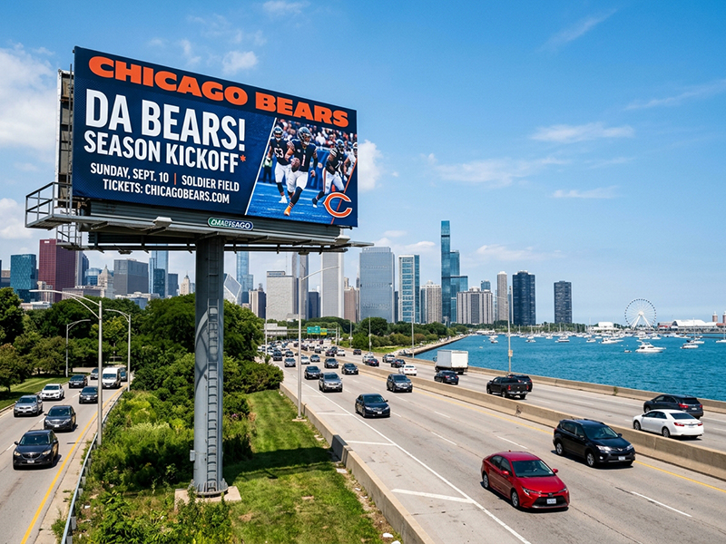 Roadside billboard along Lake Shore Drive with Chicago skyline