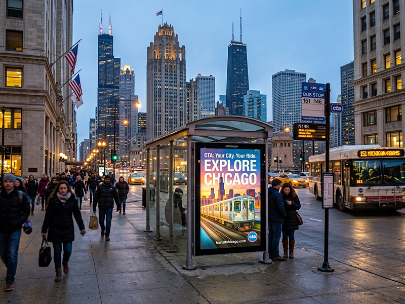 Bus stop shelter advertising on Chicago downtown sidewalk