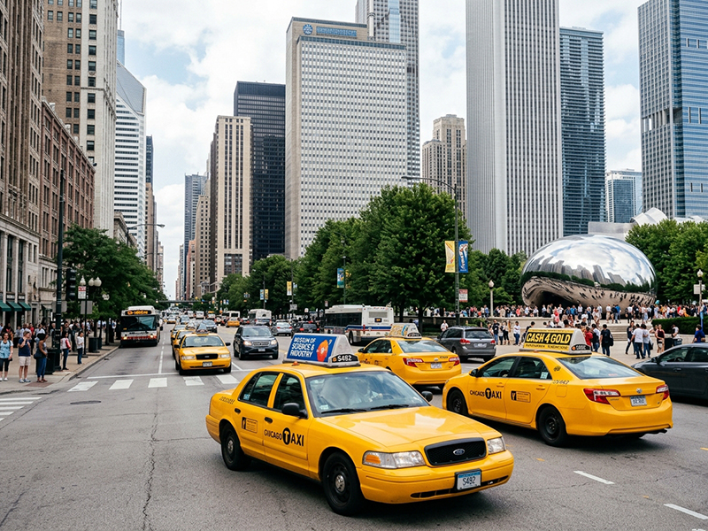 Chicago taxi cabs with advertising signs near Millennium Park
