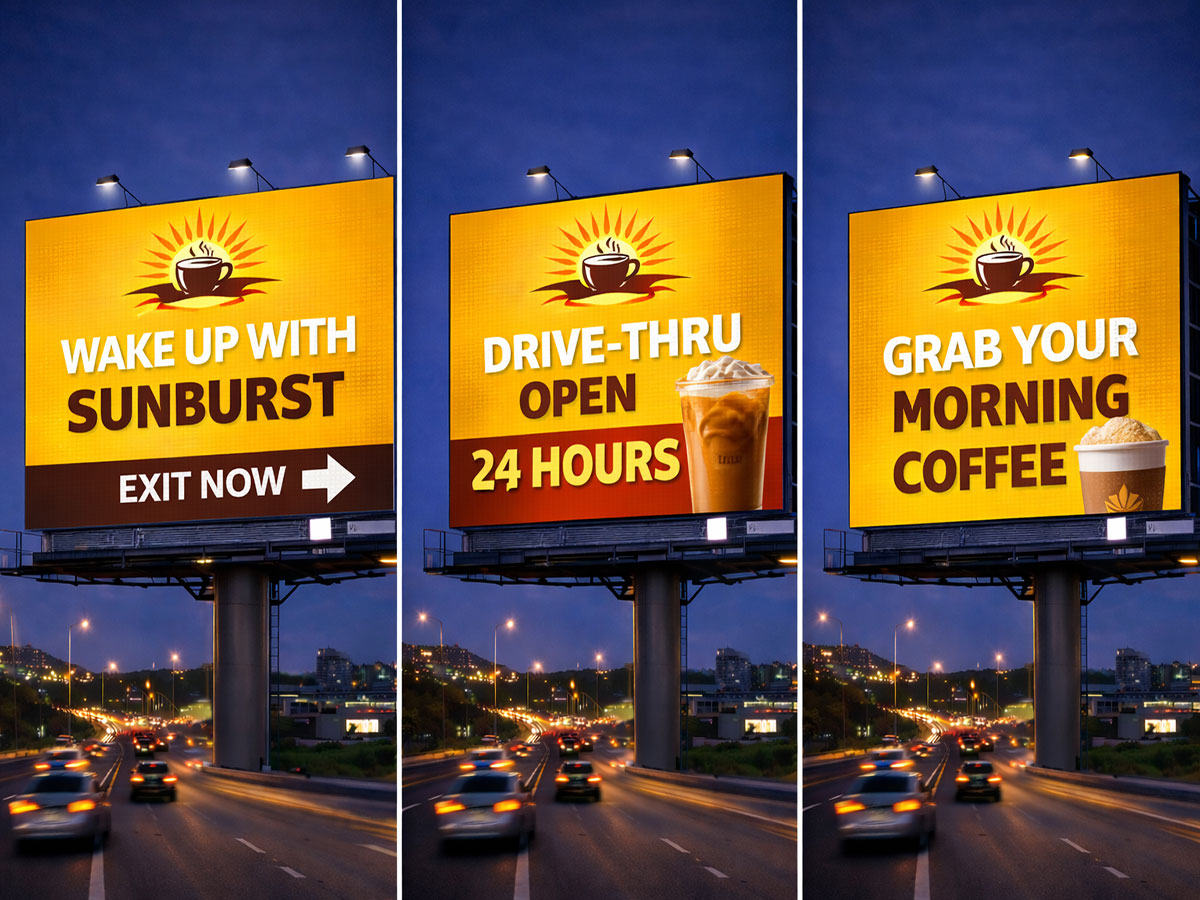 Digital LED billboard displaying rotating advertising messages