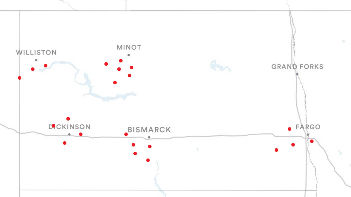 Minot, Bismarck, Dickinson and Williston, KY Billboards Map